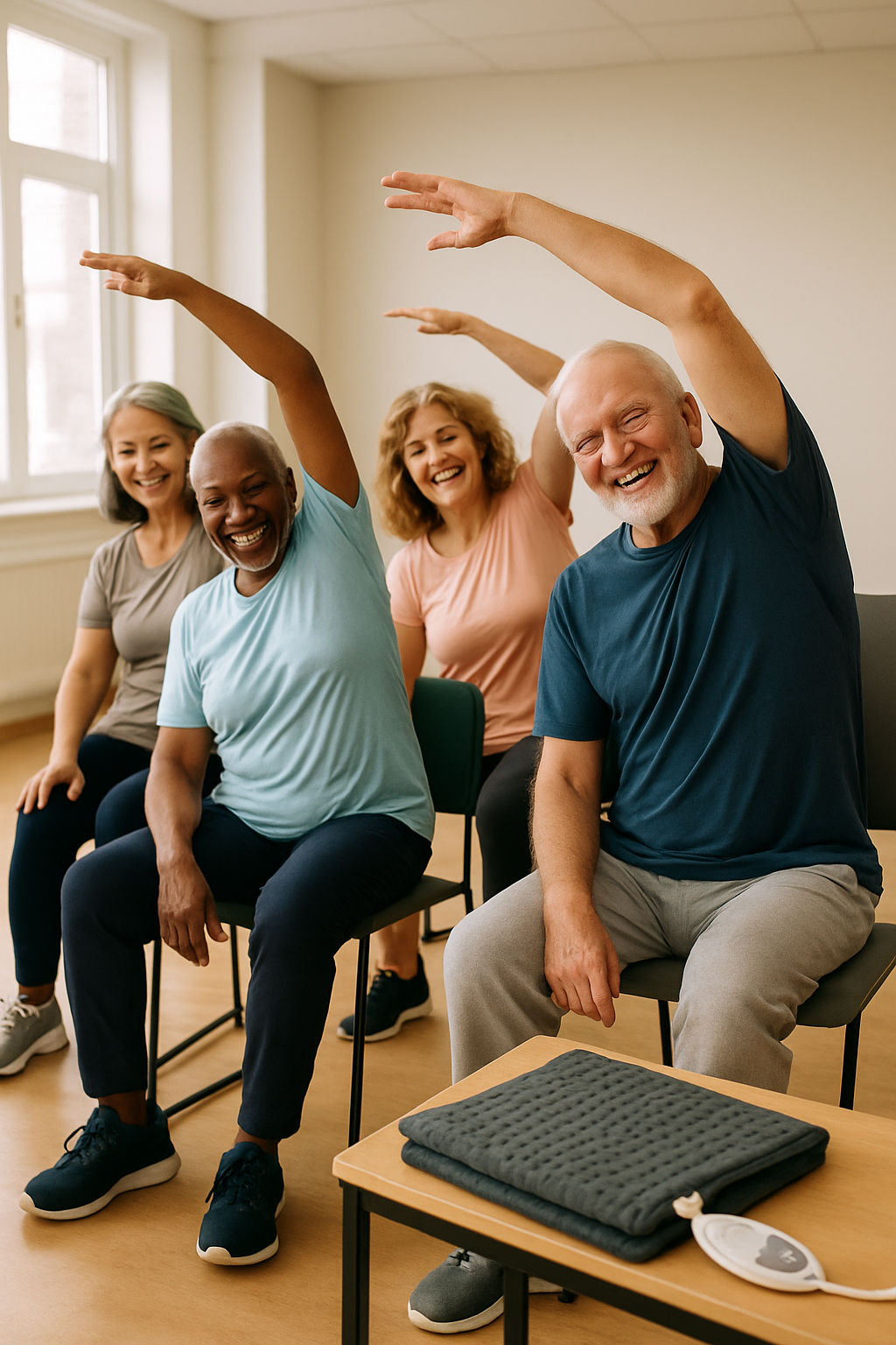 Seniors doing group stretches, heating pad visible in community center