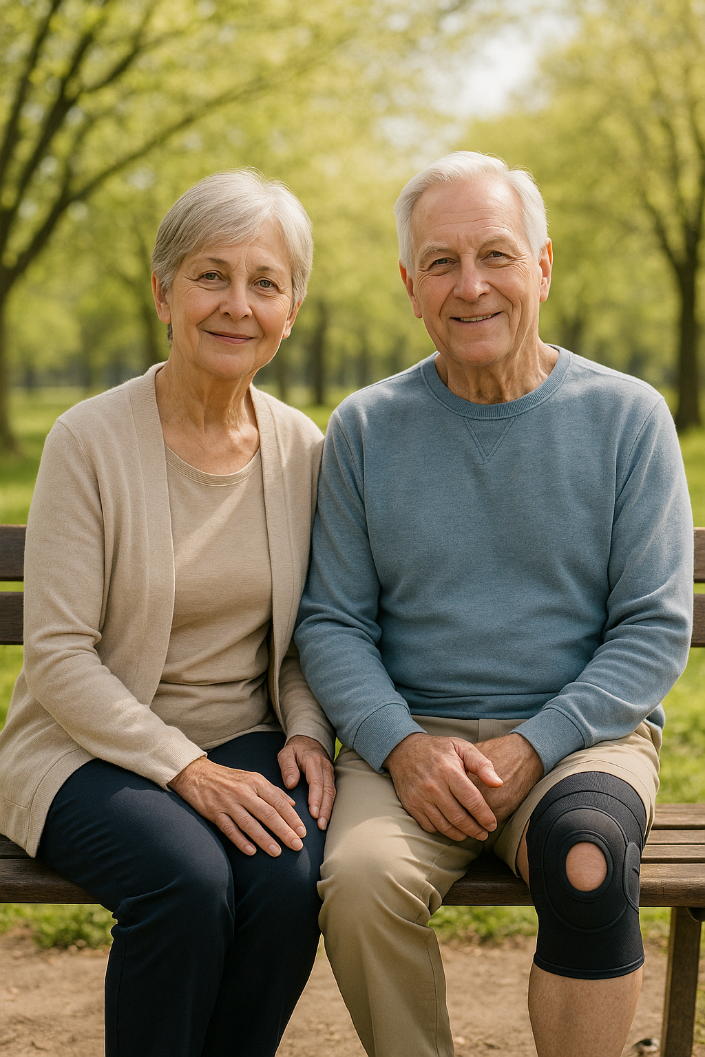 Older adults with osteoarthritis or rheumatoid arthritis, one wearing a knee brace, relaxing outdoors on a park bench.