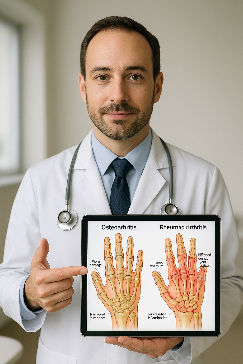 Medical comparison of osteoarthritis and rheumatoid arthritis in the hand, cartilage vs inflammation.