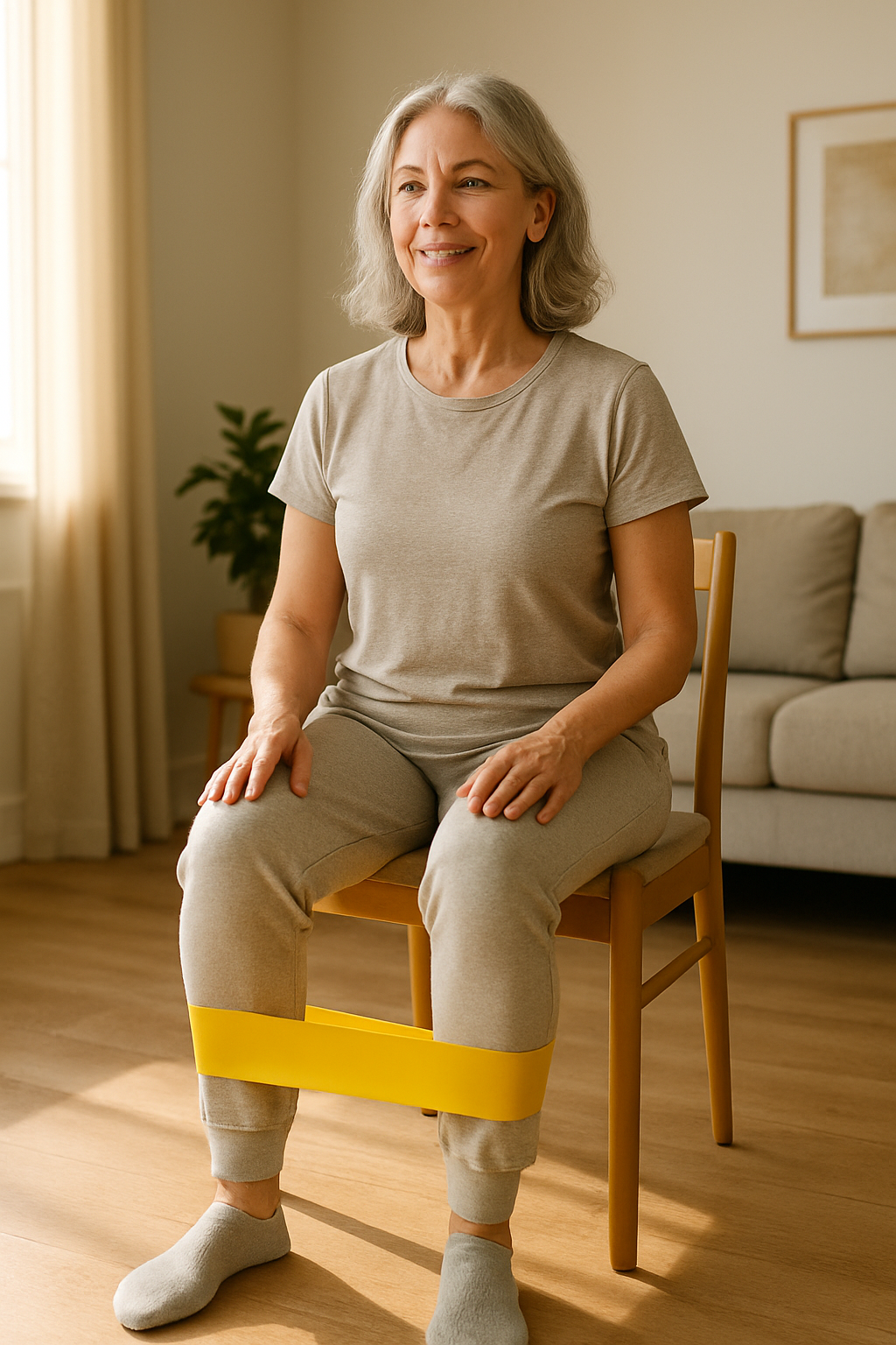 Woman with arthritis performing knee strengthening exercise with resistance band at home.