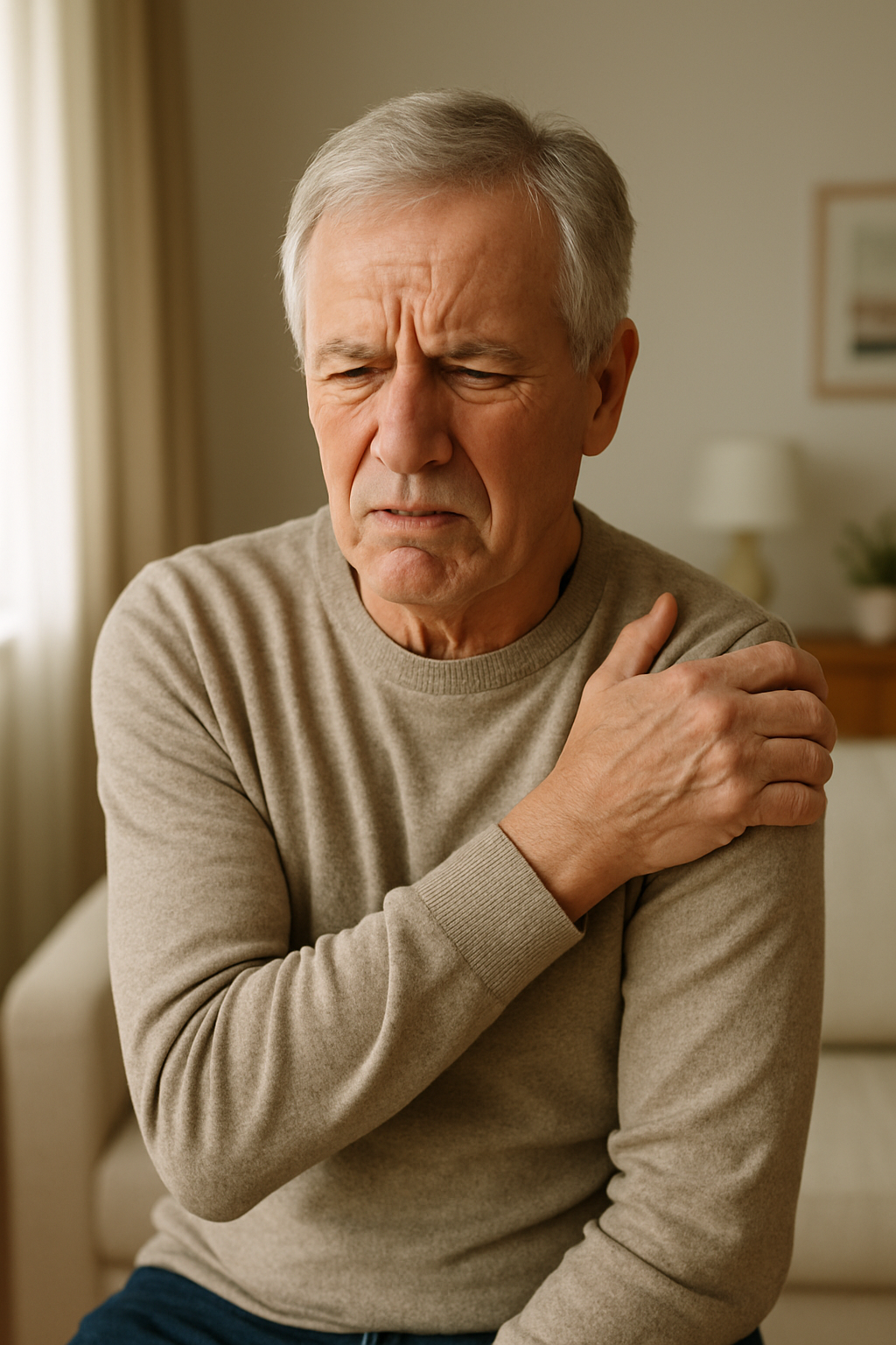 Older adult holding shoulder in pain at home