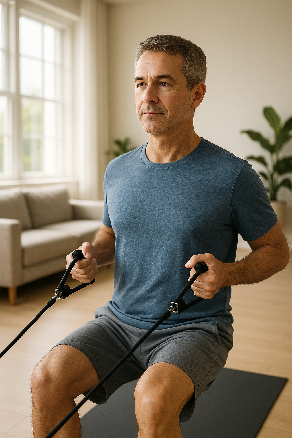 Man doing resistance band rows for shoulder rehab at home