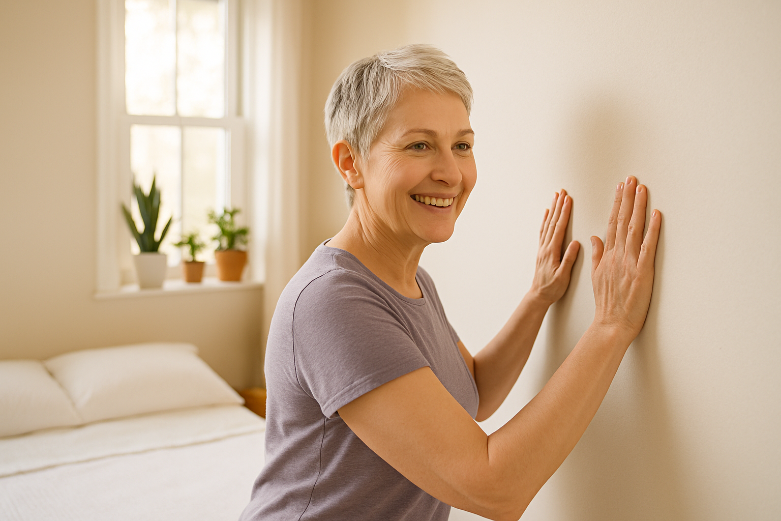 Older woman performing wall crawl shoulder exercise in sunlit bedroom