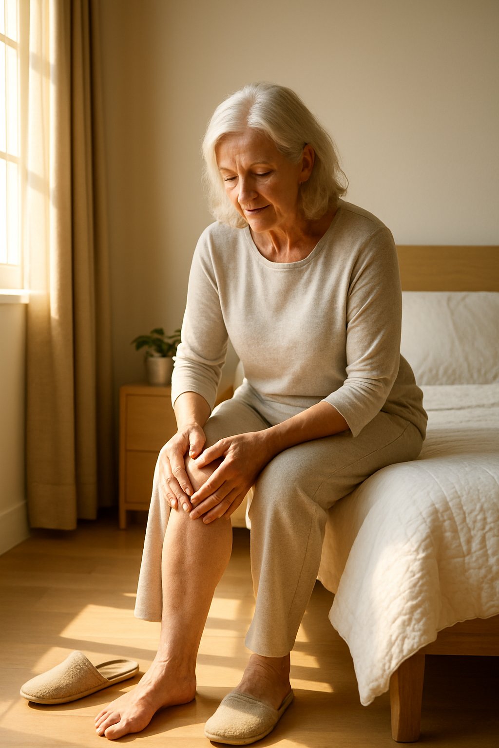 Woman massages her knees in the morning sunlight in a cozy bedroom
