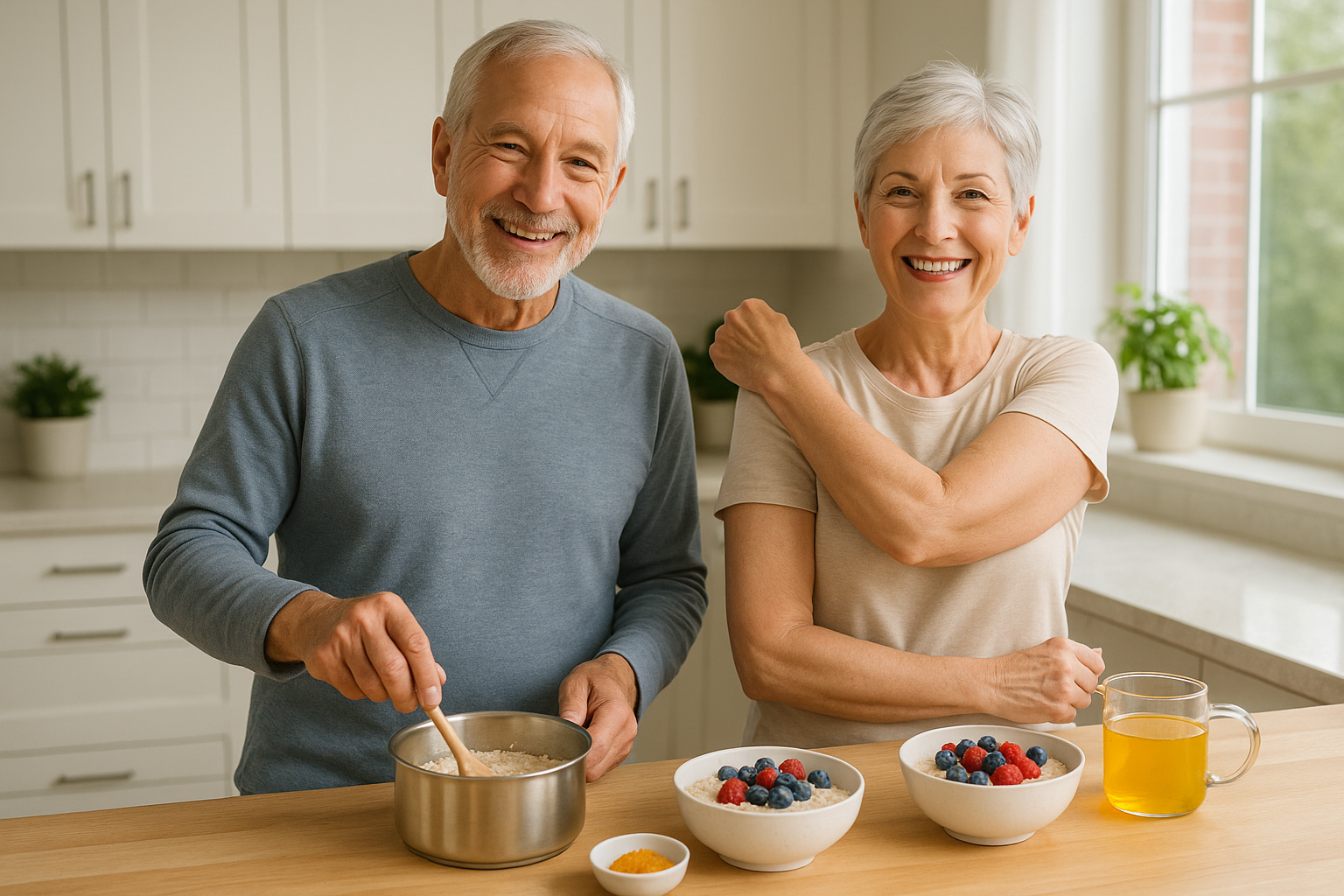 Older couple prepares joint-friendly breakfast, woman does gentle shoulder stretch