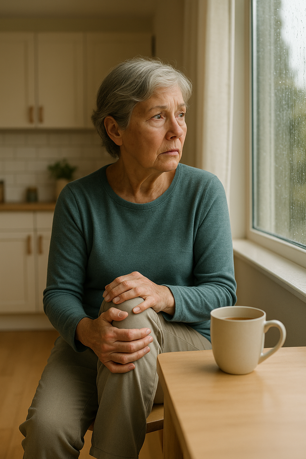 Older adult holding knee, looking at rain through window, concerned about joint pain.