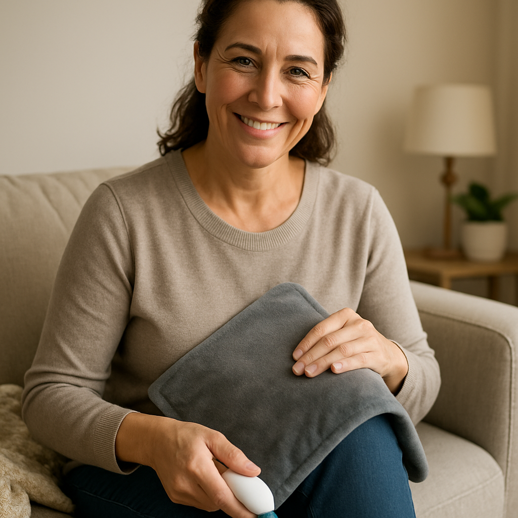 Woman using large heating pad on knee, smiling at home.