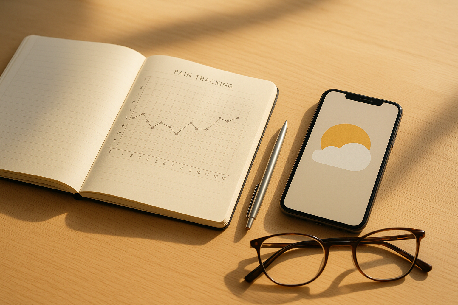 Pain tracking journal and weather app on table for monitoring joint pain.