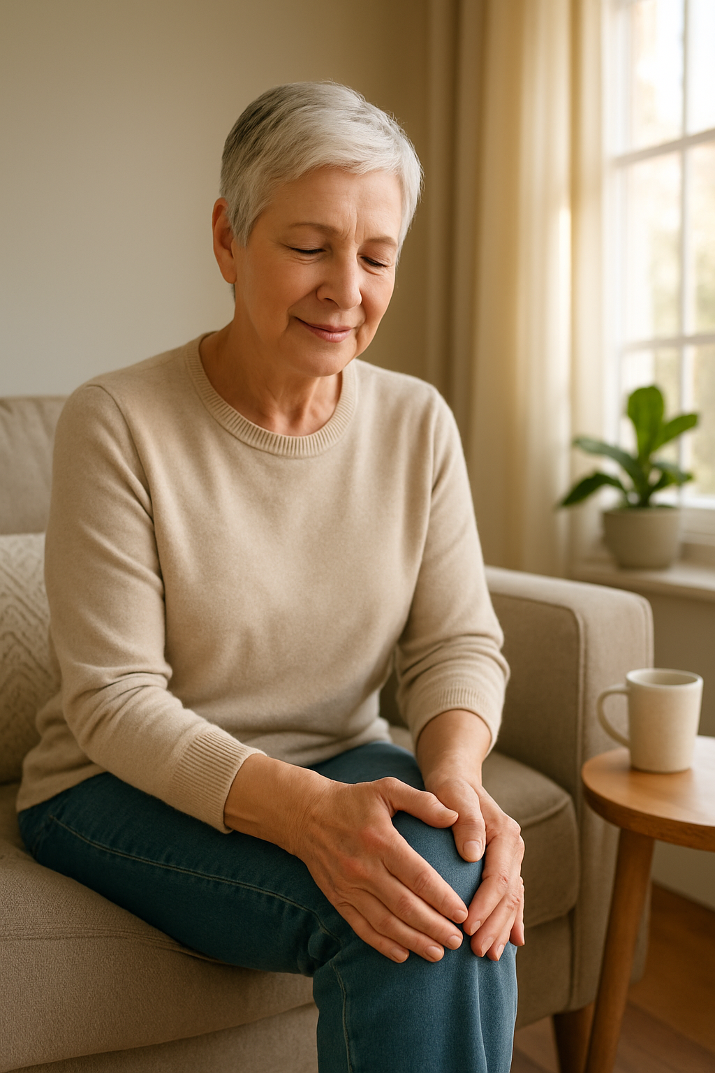 Older adult rubbing knee in sunlit living room, hinting at early knee osteoarthritis.