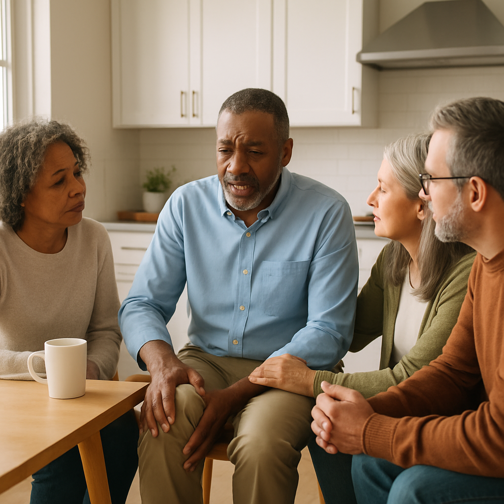 Middle-aged adults talking at table, with subtle knee discomfort.