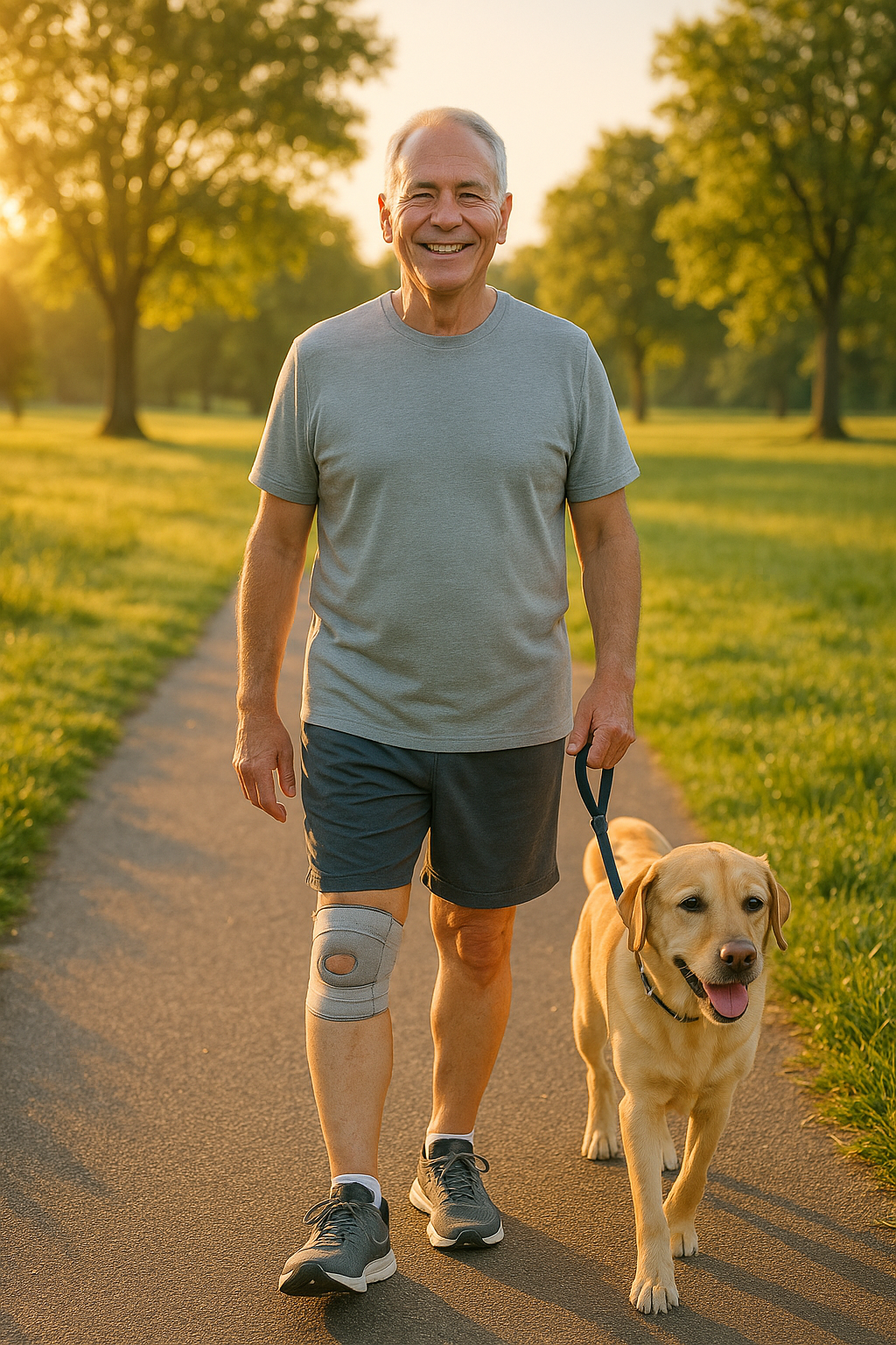 Older adult walking dog with knee brace, staying active with knee osteoarthritis.