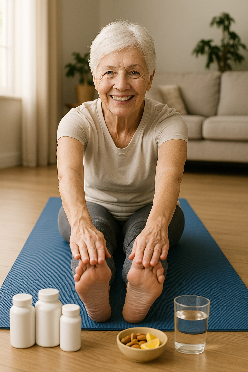 Senior woman stretching on yoga mat with vitamins and water for joint health.