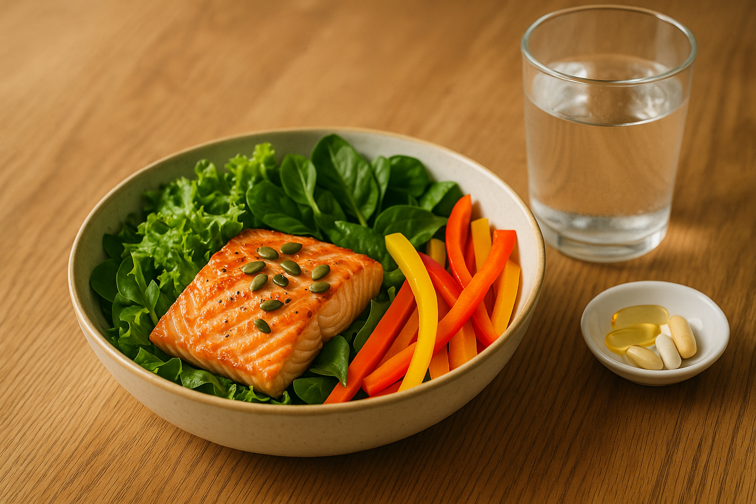 Healthy salad with salmon, seeds, greens and supplements for joint support.
