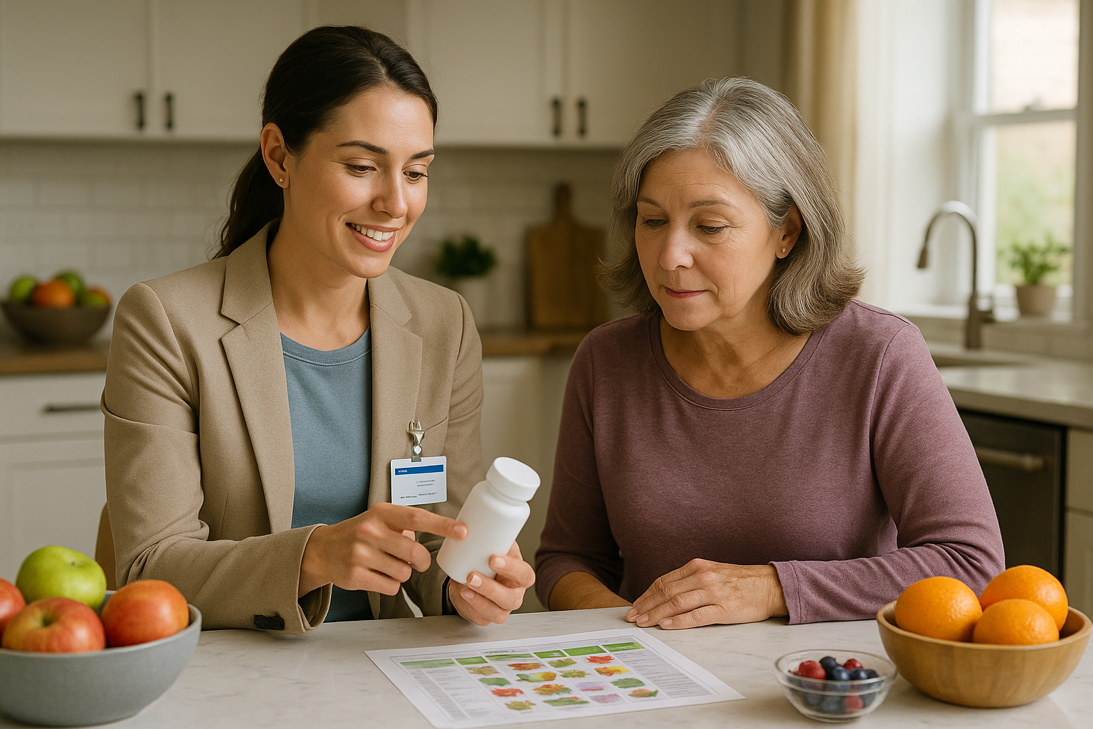 Physical therapist reviewing supplements and diet for joint health with woman in kitchen.