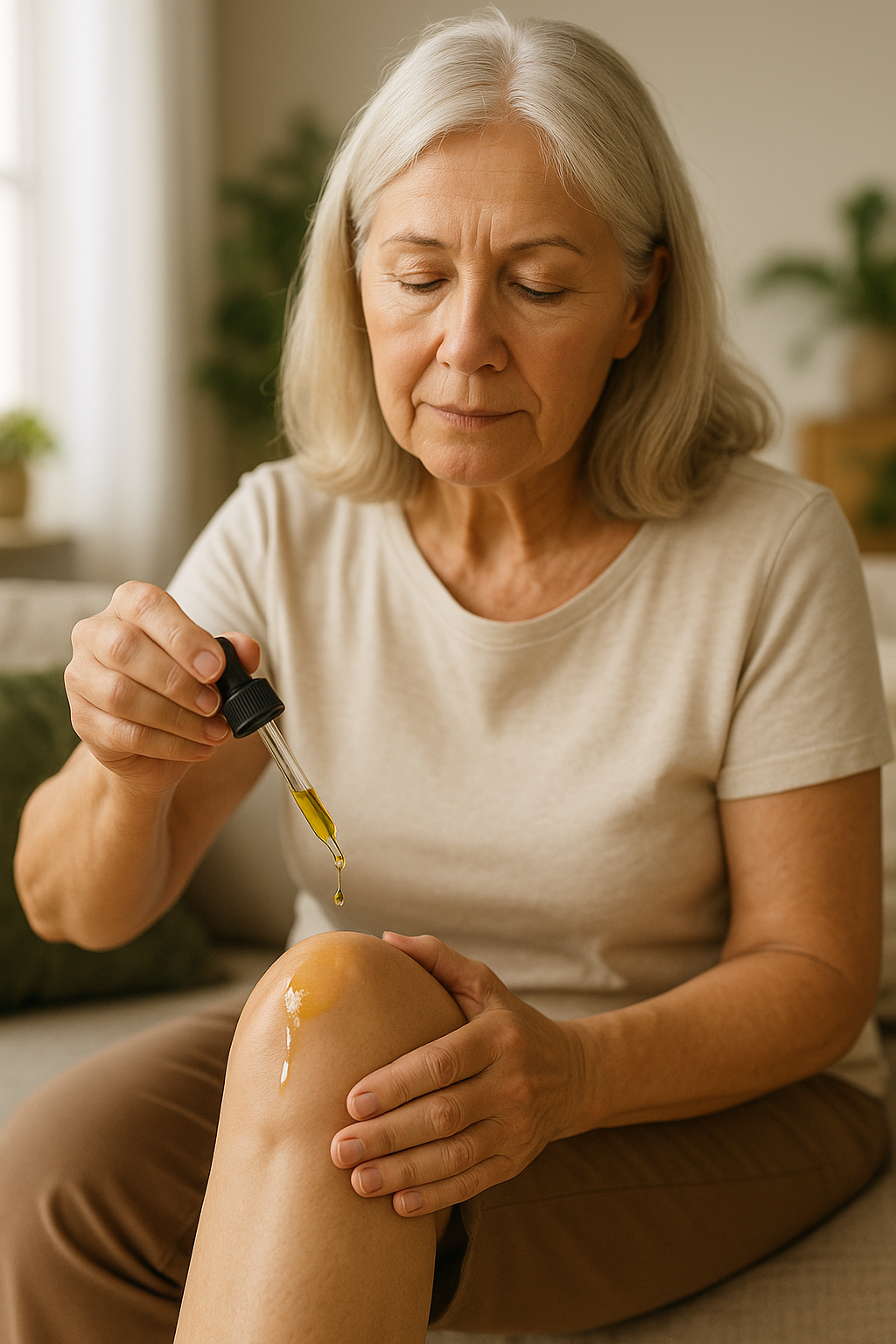 CBD oil dropper applying oil to senior woman's knee for pain relief