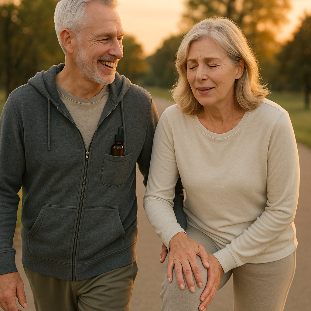 Mature couple walking, CBD oil in pocket, woman relieved from knee pain