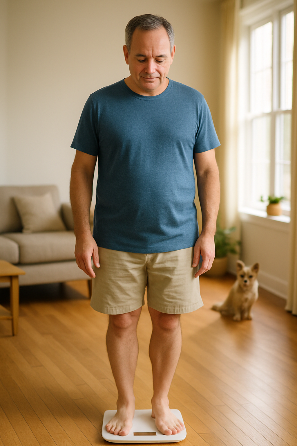 Stepping on a scale with focus on knees, representing weight loss and knee health