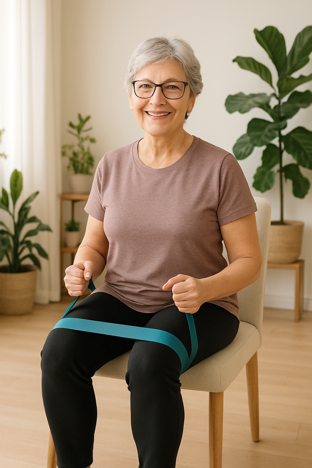 Older adult performing chair exercises for knee health in a bright room