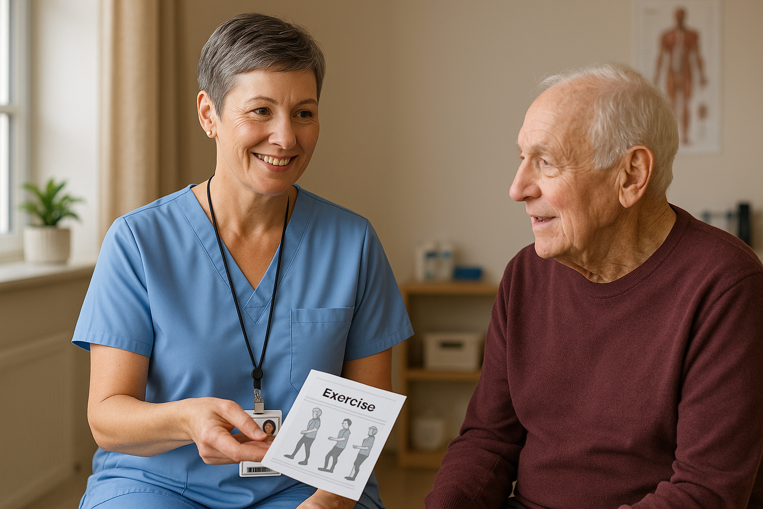 Nurse giving exercise guide to patient for knee pain relief and weight management