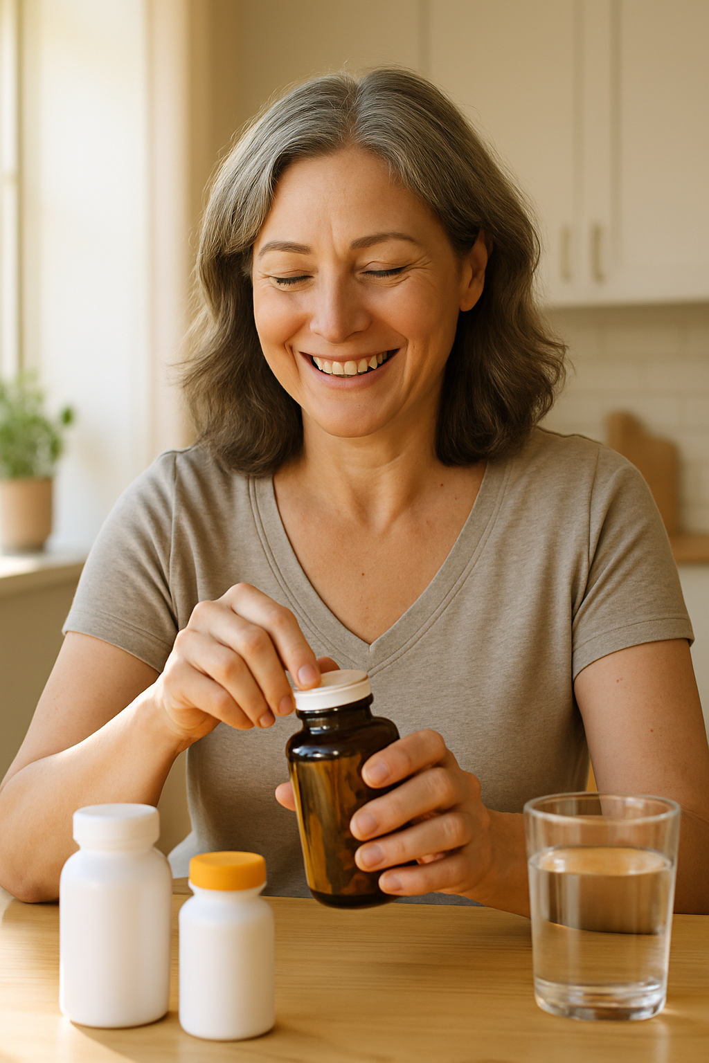 Woman opening fish oil supplement bottle at kitchen table