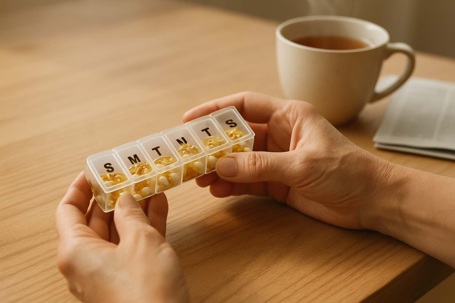 Hands organizing omega-3 and arthritis pills in pillbox