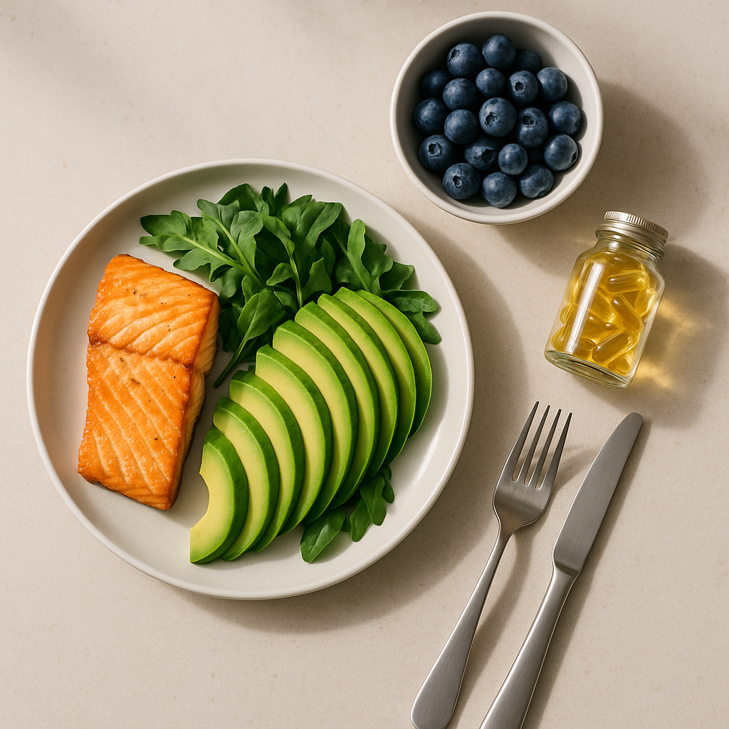 Table with salmon, avocado, blueberries, greens, and fish oil capsules
