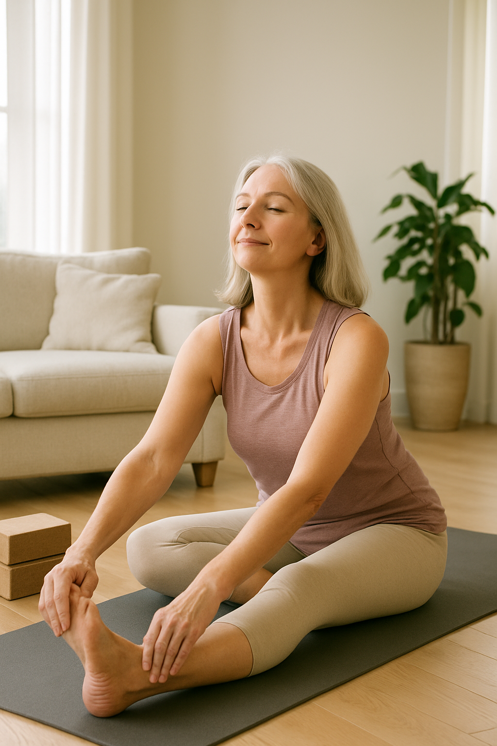 Middle-aged woman practicing yoga for joint stiffness on a mat in a sunny living room