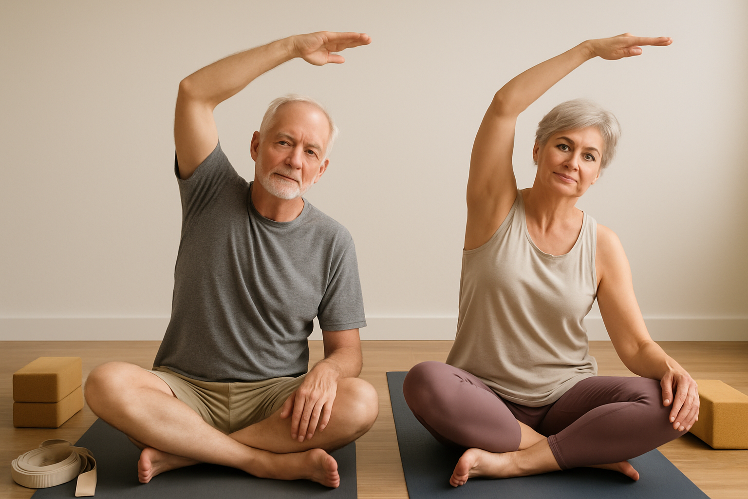 Older adults using yoga props for gentle seated stretches on a wooden floor