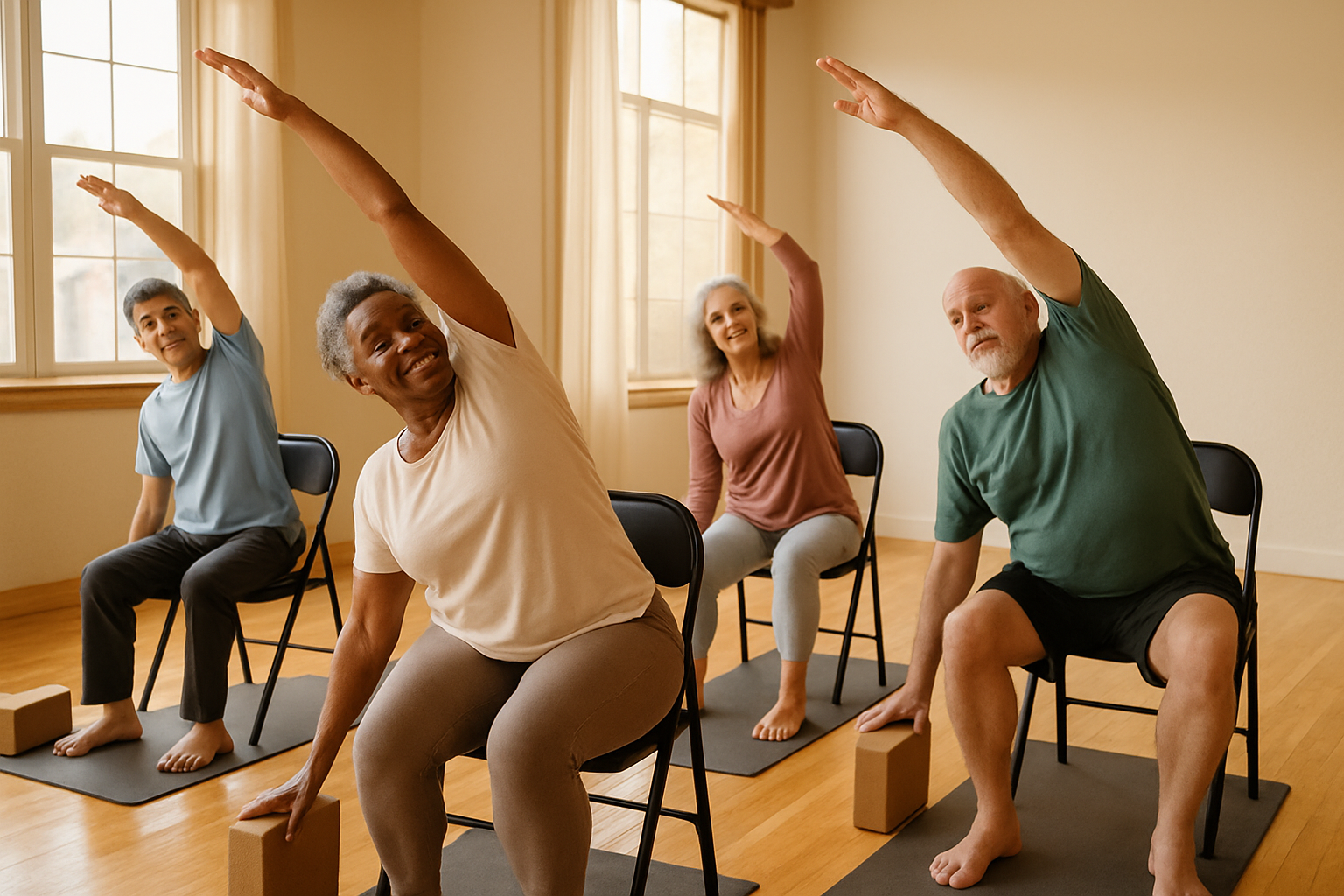 Group of older adults doing beginner yoga with props for joint mobility in a bright studio