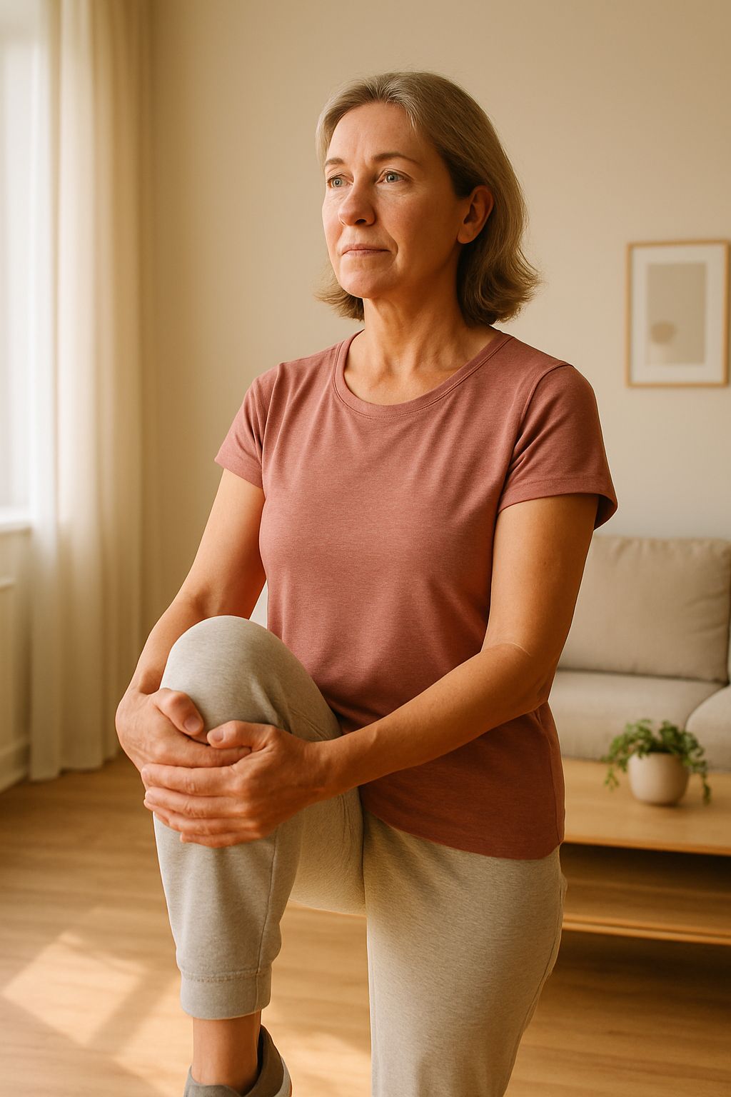 Woman managing chronic joint pain with home stretches in living room