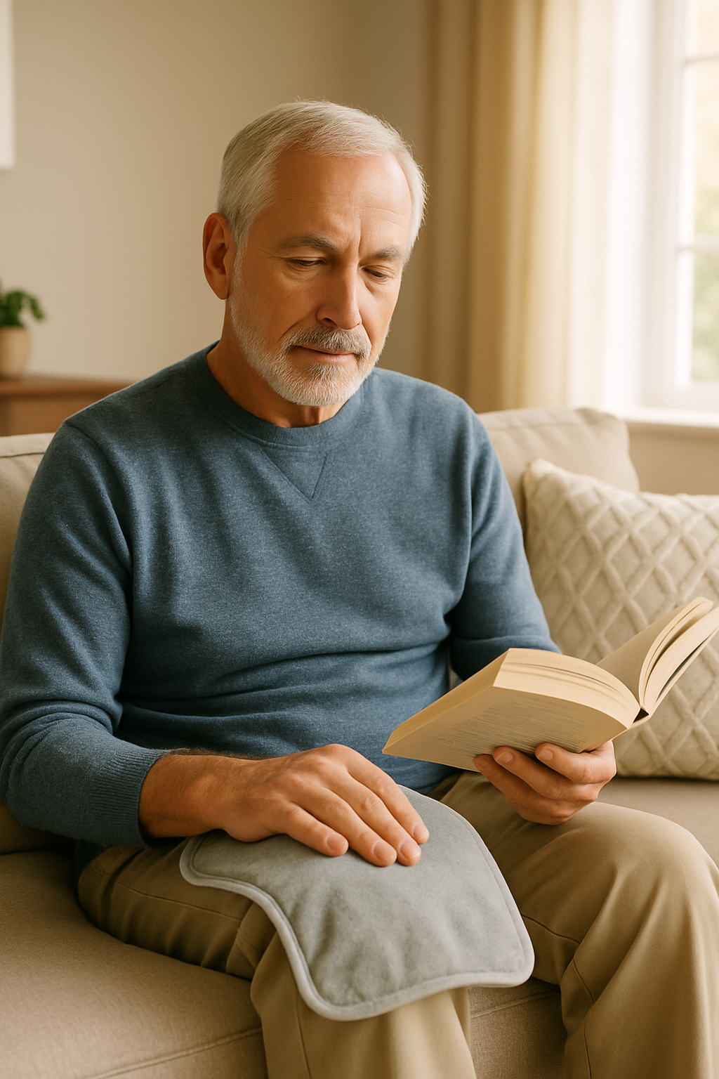 Older man using heating pad on knee for joint pain relief