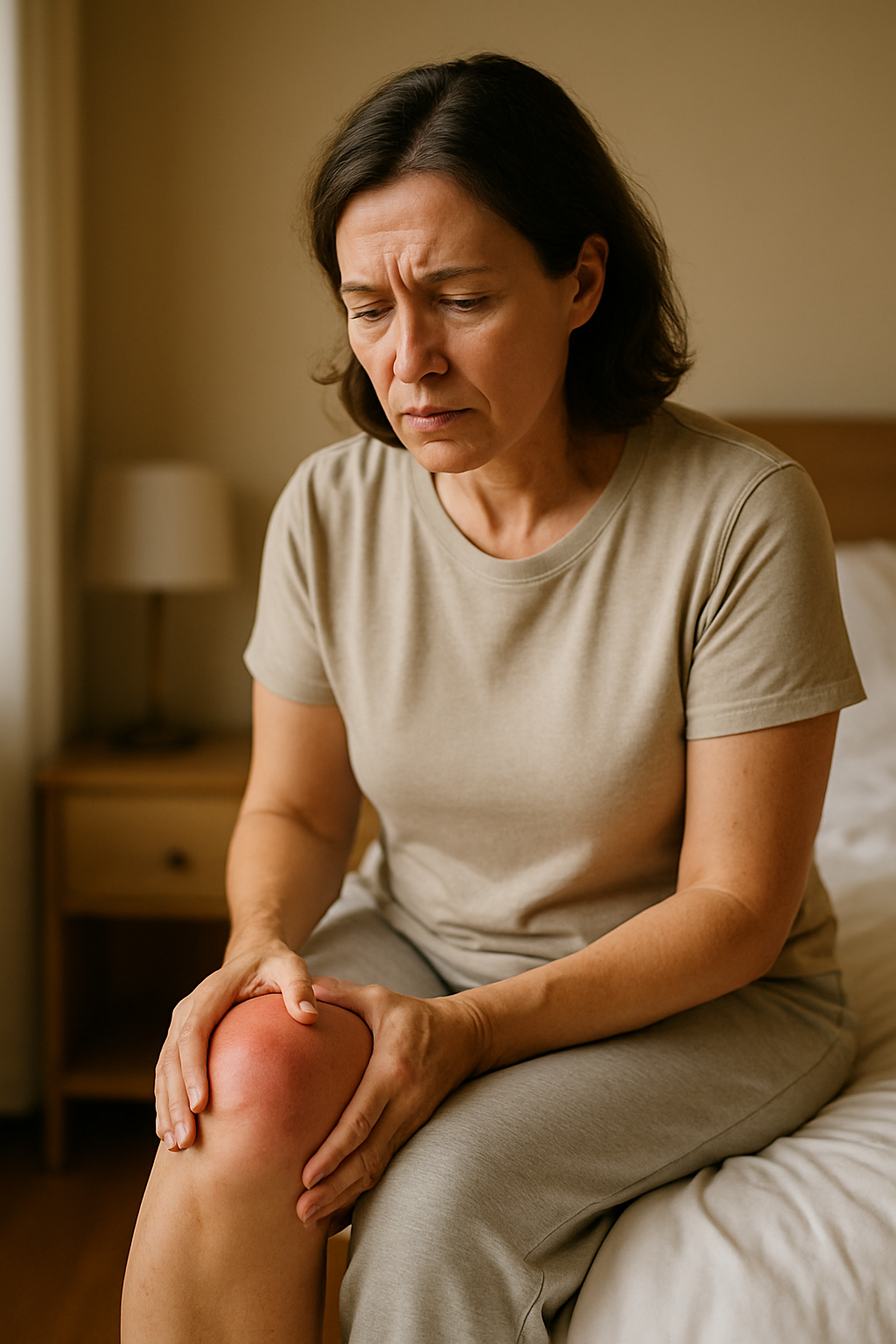Person with bone on bone knee pain holding knee in morning light.