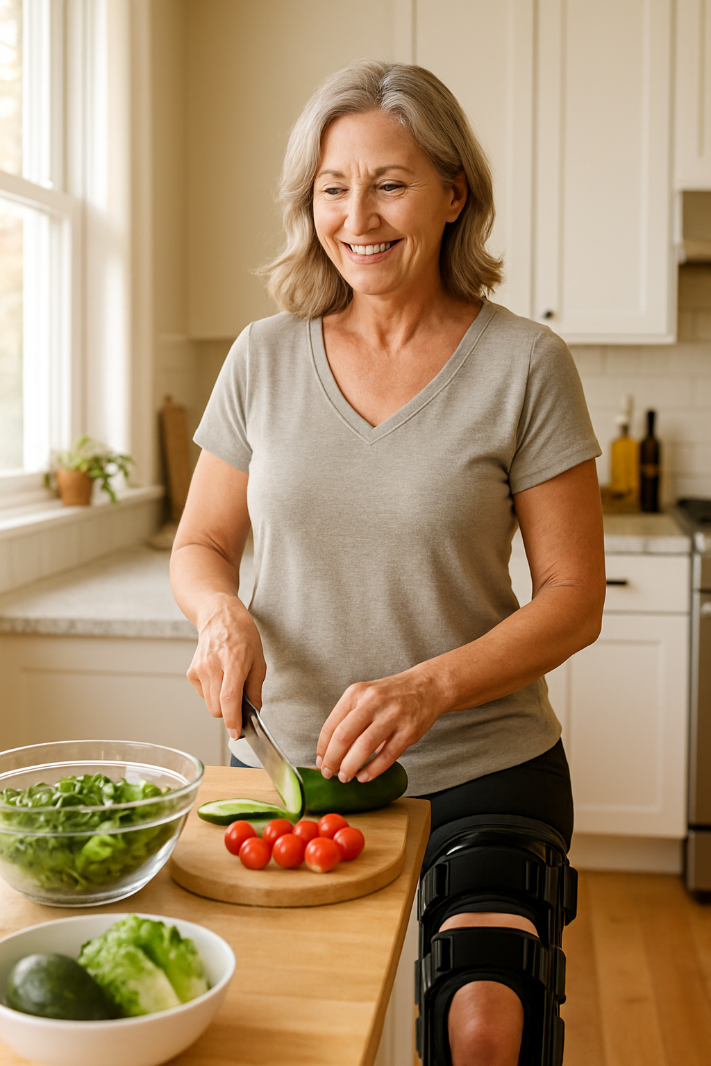 Woman with knee brace making healthy meal at home.