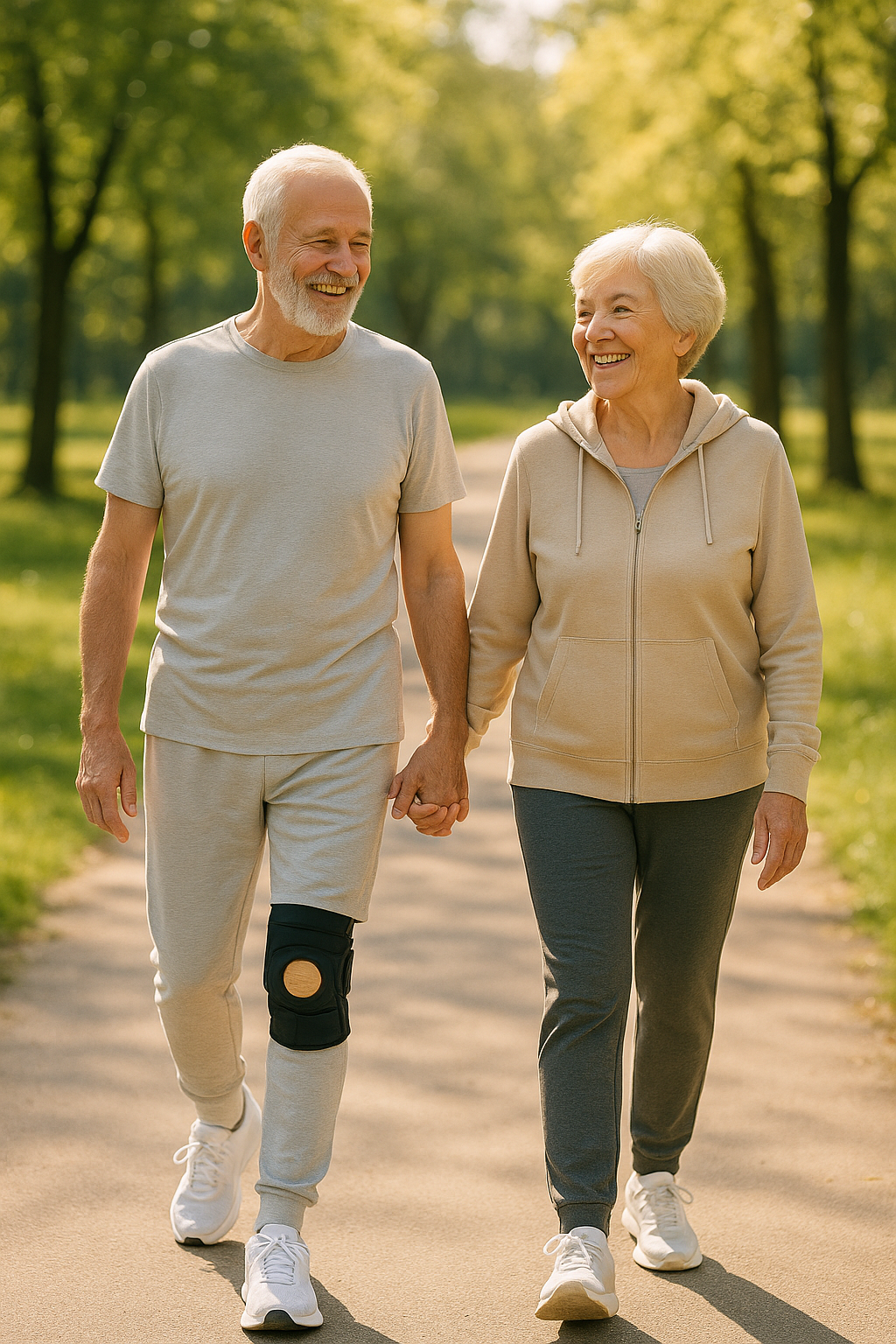 Older couple outdoors, one with a knee brace, showing active life despite knee pain.
