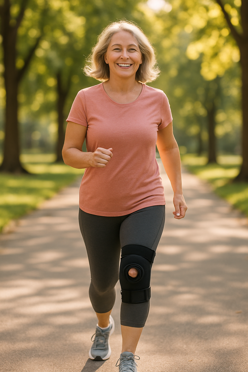 Woman over 50 walking in park with knee brace for joint health