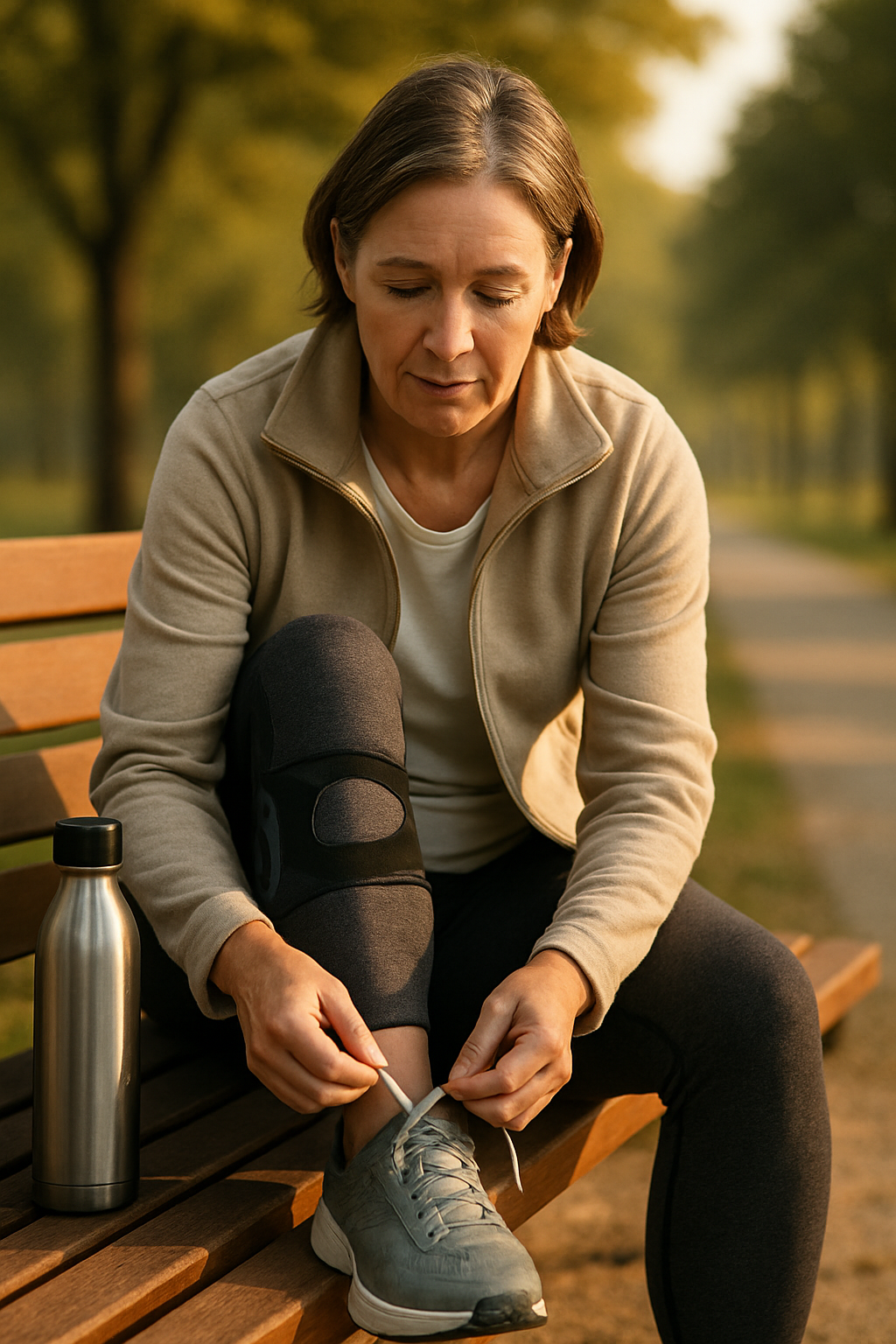 Supportive walking shoes and knee brace for joint pain in seniors