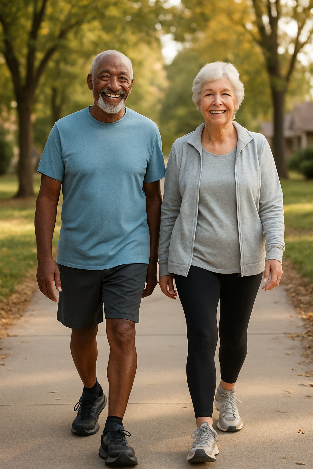 Senior couple walking with supportive shoes for joint health