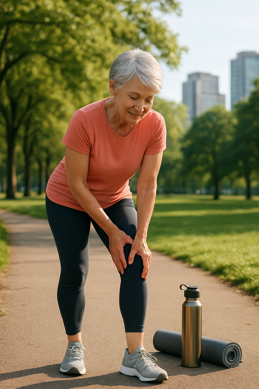 Woman stretching and massaging knee after walk in sunny park