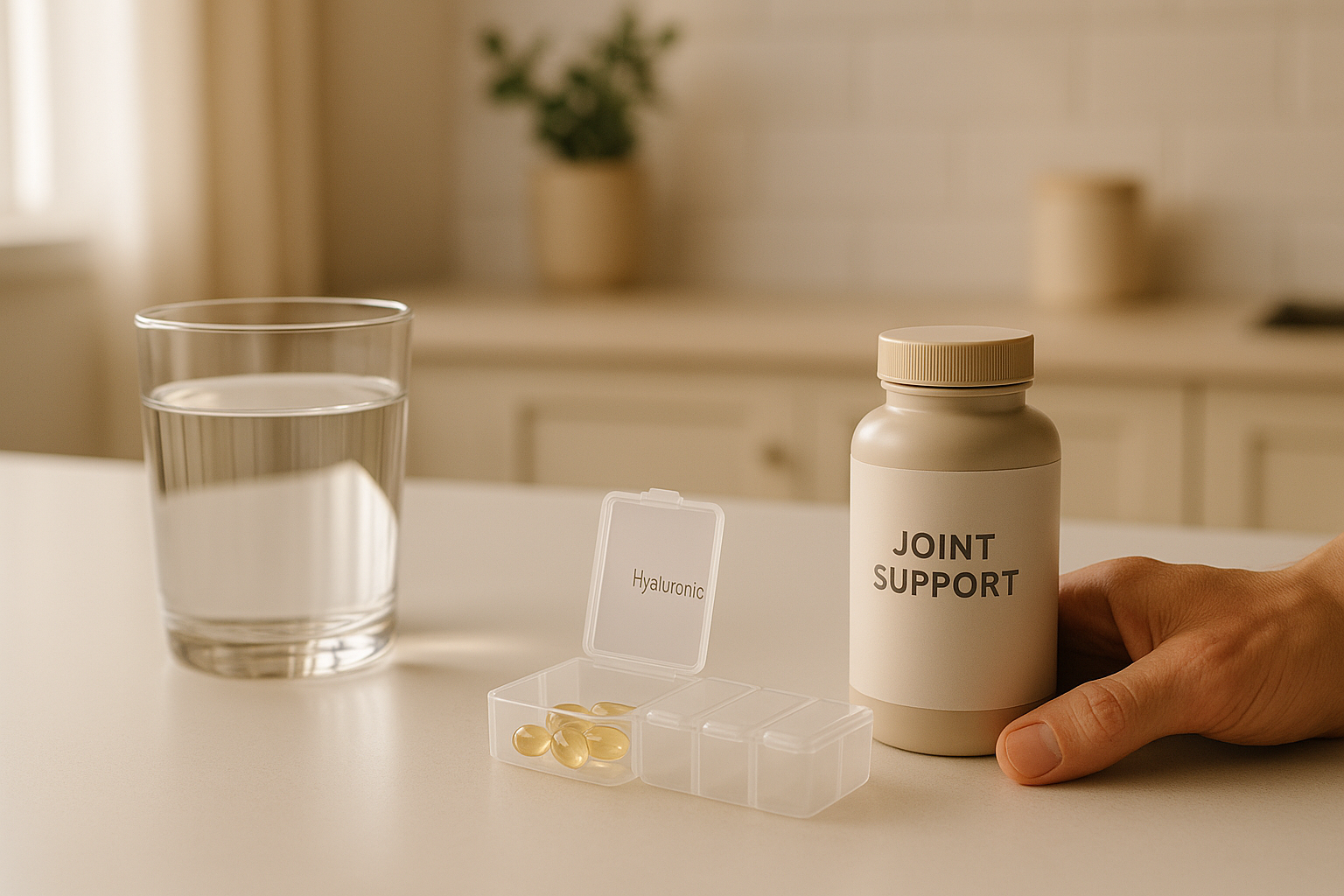 Hand holding pill organizer with hyaluronic acid capsules