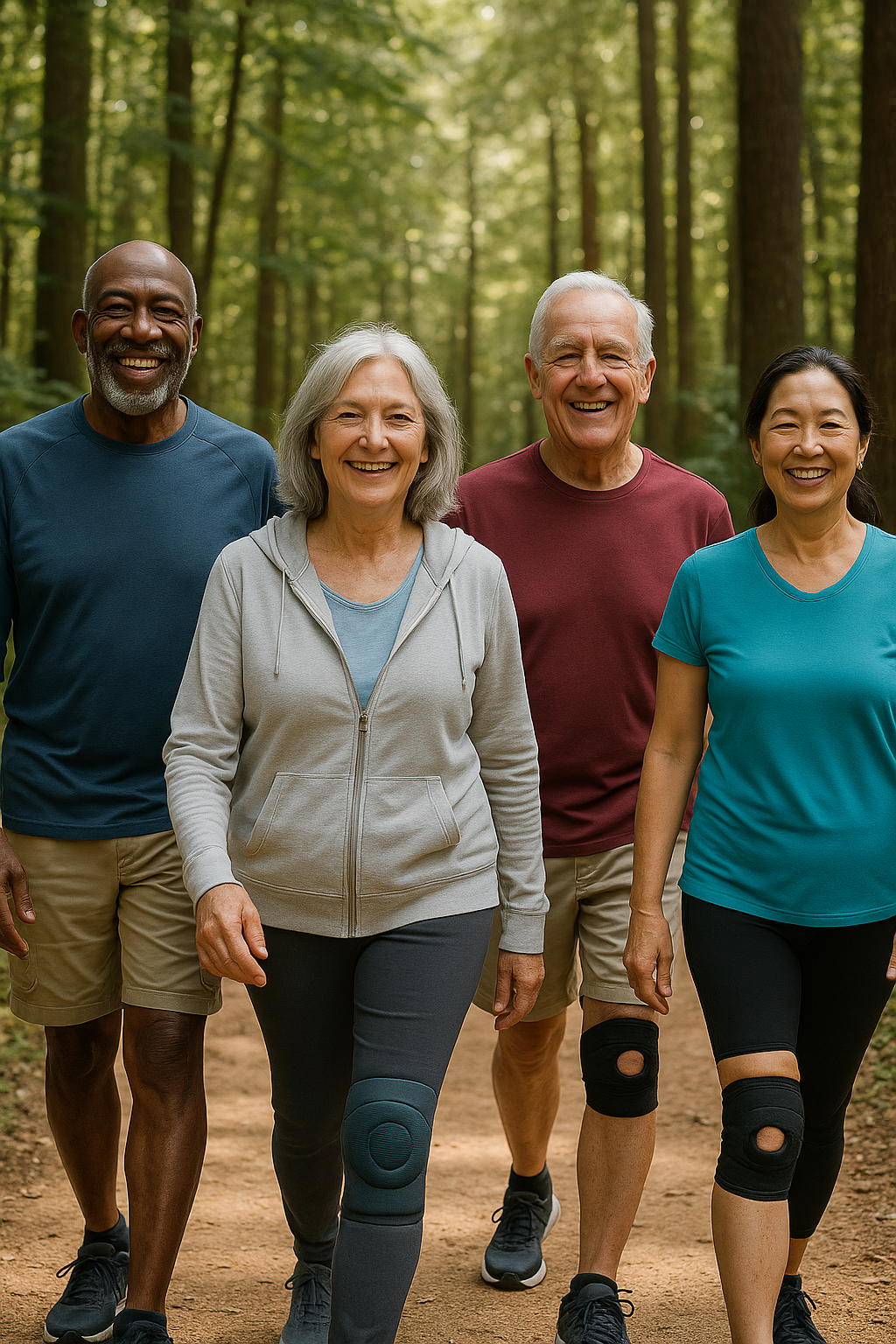 Older adults walking and smiling with knee support sleeves on forest path