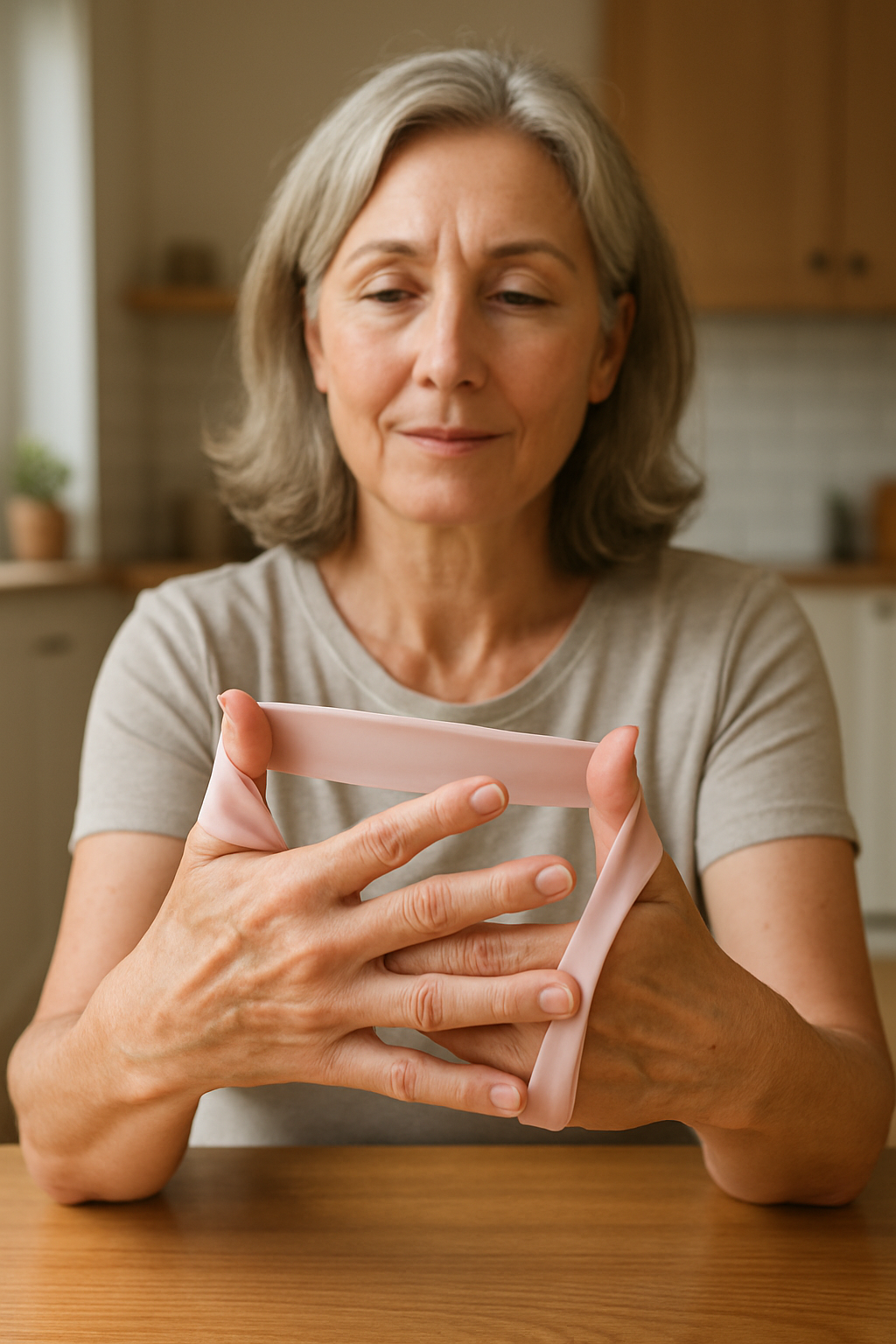 Elderly woman stretching arthritic fingers with yoga band at sunlit kitchen table