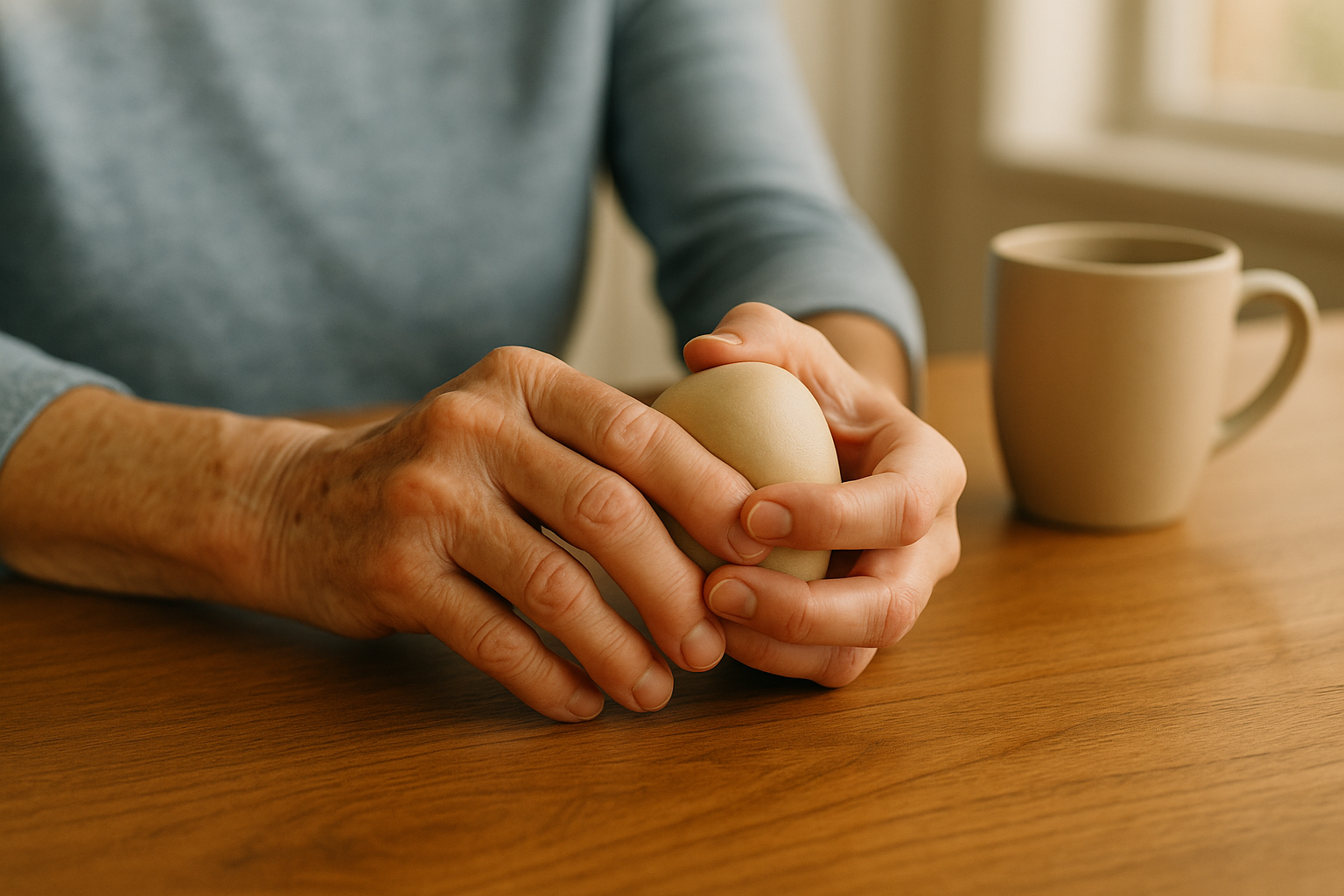 Hands with arthritis using therapy putty ball for hand exercises on wooden table