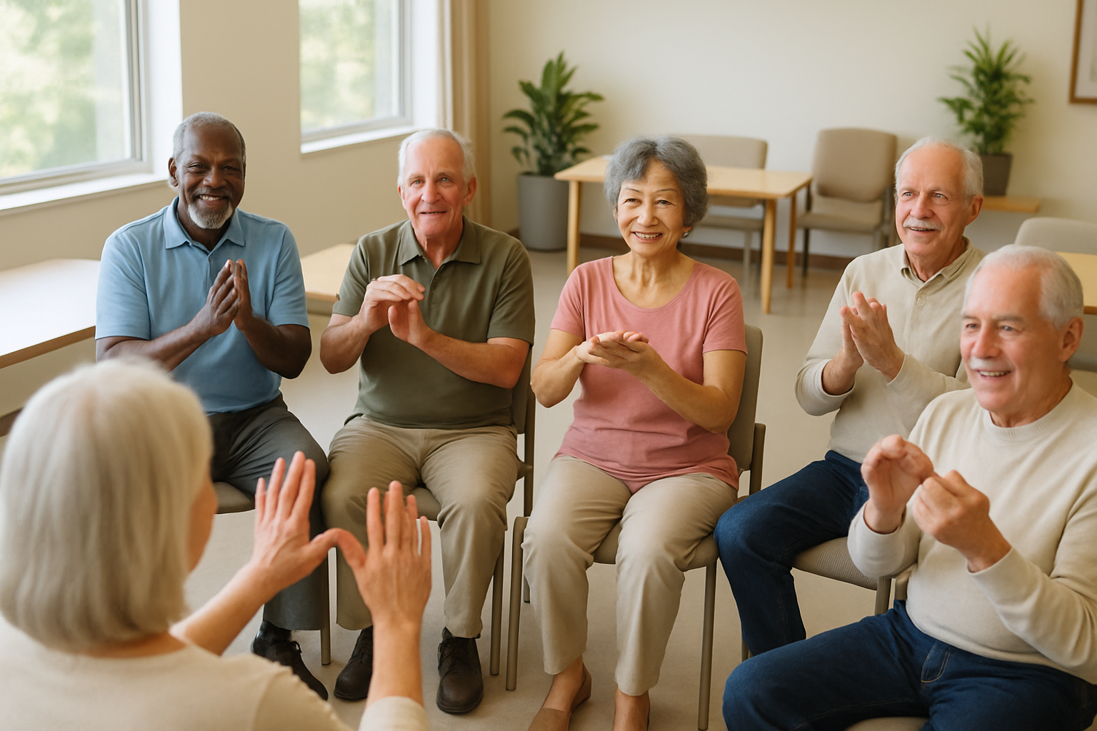 Group of seniors doing hand exercises for finger arthritis at community center
