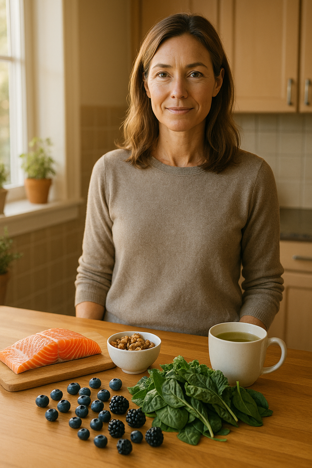 Healthy foods for joint health including salmon, walnuts, berries, greens, and tea on a kitchen counter