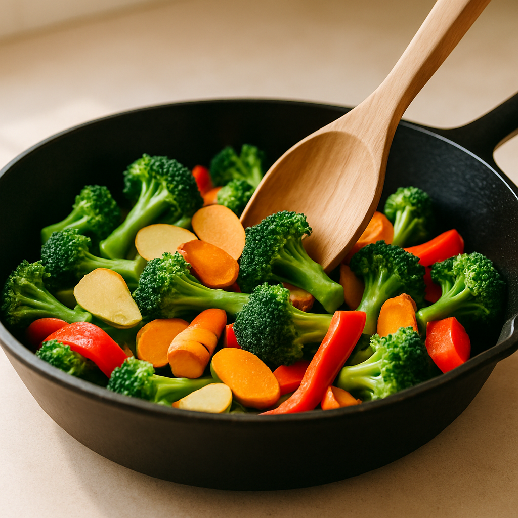 Nutritious stir fry for joint health with broccoli, ginger, turmeric, and peppers cooking in a skillet