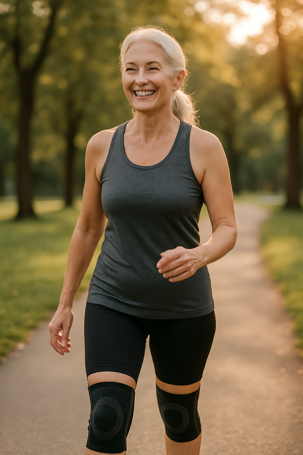 Active woman walking in park wearing knee braces for joint support and health