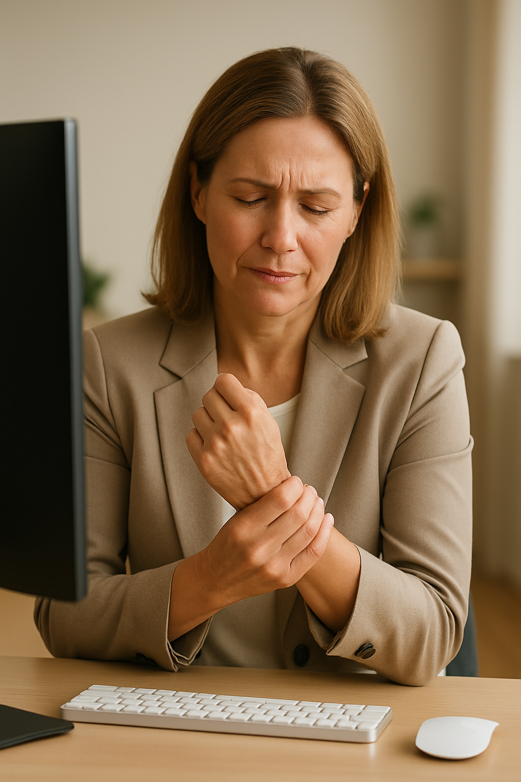 Woman massaging her wrist at a modern office desk with computer