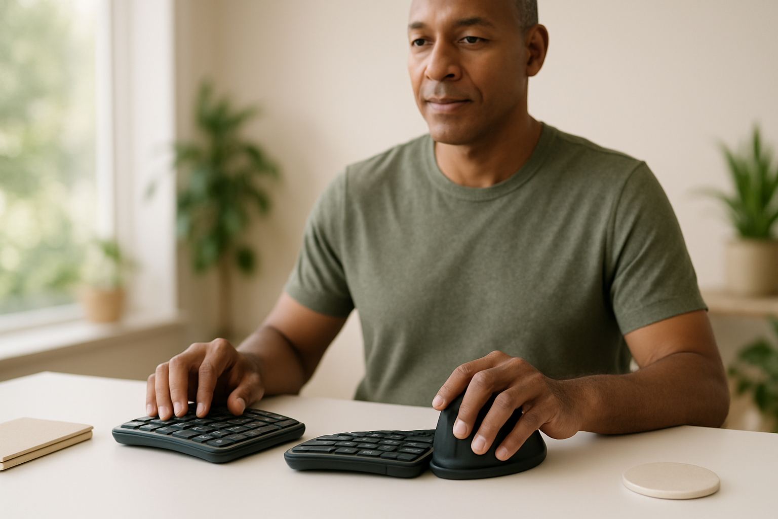 Hands using split ergonomic keyboard and vertical mouse for wrist comfort
