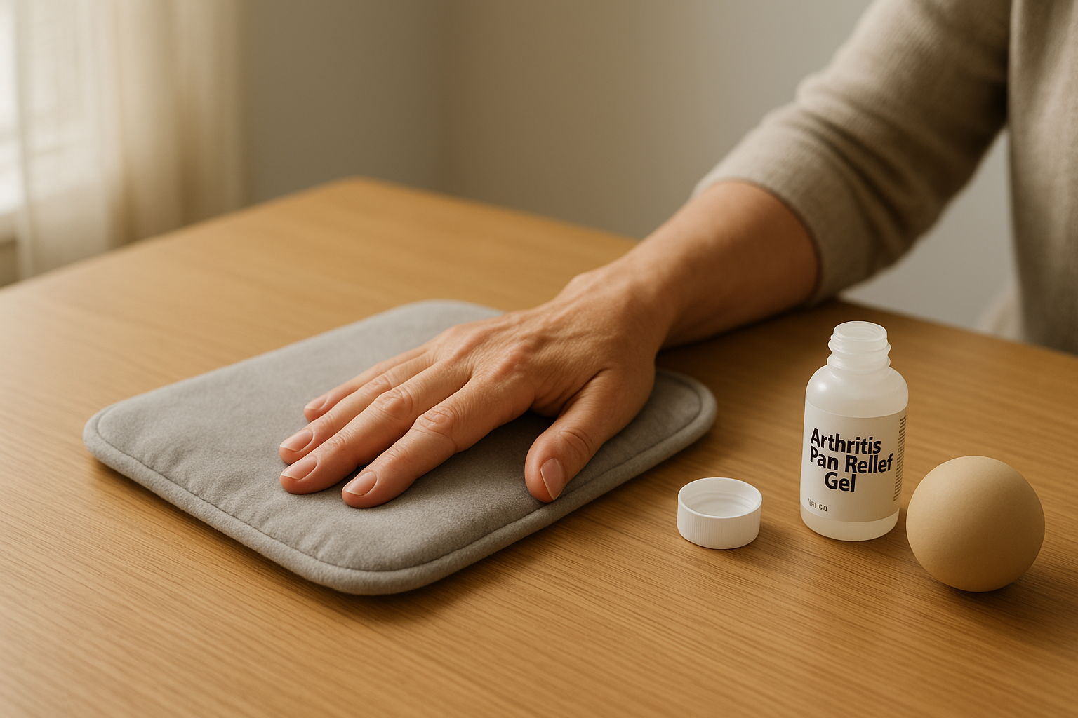 Hand resting on heating pad with pain gel and stress ball for wrist relief