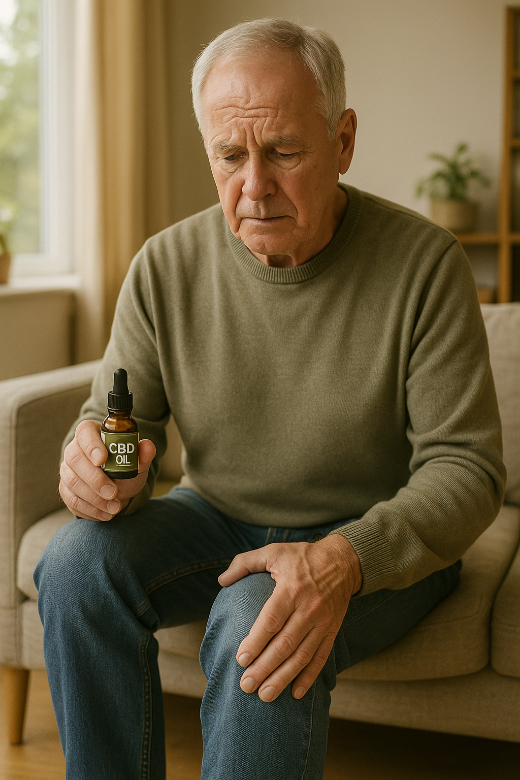 Senior adult with knee pain holding CBD oil bottle at home